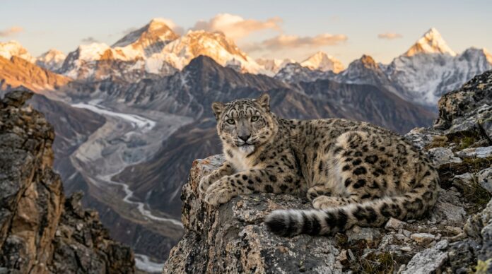 Leopardo delle nevi accovacciato su una scogliera rocciosa delle montagne dell'Himalaya con vette innevate sullo sfondo Leopardo delle nevi accovacciato su una scogliera rocciosa delle montagne dell'Himalaya con vette innevate sullo sfondo
