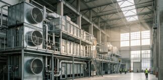 Impianto di Direct Air Capture per la cattura dell'anidride carbonica integrato in un contesto industriale moderno.