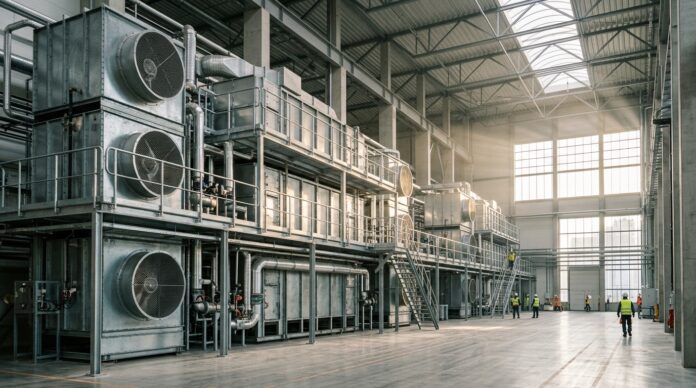 Impianto di Direct Air Capture per la cattura dell'anidride carbonica integrato in un contesto industriale moderno.