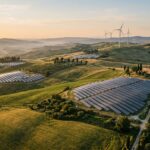 Campi coltivati e impianti di energia solare ed eolica integrati nel paesaggio collinare italiano illuminati dalla luce calda dell’alba.