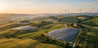 Campi coltivati e impianti di energia solare ed eolica integrati nel paesaggio collinare italiano illuminati dalla luce calda dell'alba.