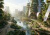 Città sostenibile moderna con architettura a bosco verticale ed energie rinnovabili