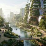 Citt&agrave; sostenibile moderna con architettura a bosco verticale ed energie rinnovabili