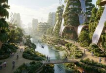 Citt&agrave; sostenibile moderna con architettura a bosco verticale ed energie rinnovabili