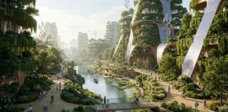 Città sostenibile moderna con architettura a bosco verticale ed energie rinnovabili