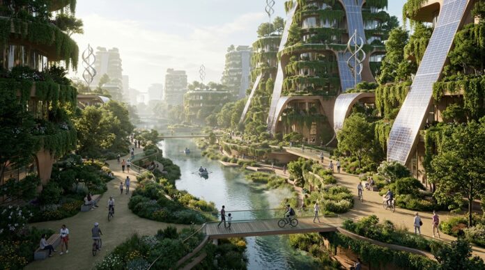 Città sostenibile moderna con architettura a bosco verticale ed energie rinnovabili Città sostenibile moderna con architettura a bosco verticale ed energie rinnovabili