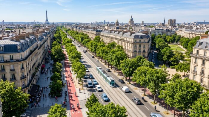 Viale cittadino alberato e poco trafficato con piste ciclabili durante una mattina limpida