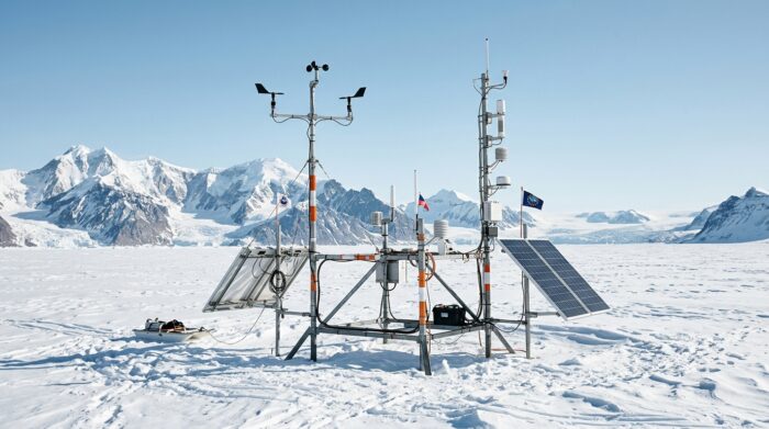 Stazione di monitoraggio climatico automatizzata installata sulla calotta di ghiaccio polare