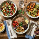Piatto ricco di legumi, verdure di stagione e cereali integrali su una tavola in legno naturale