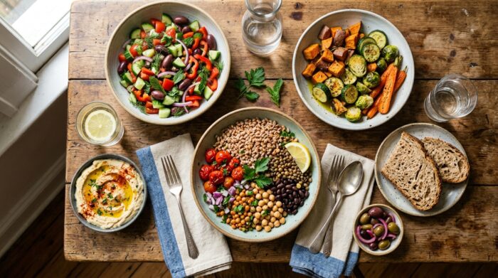 Piatto ricco di legumi, verdure di stagione e cereali integrali su una tavola in legno naturale
