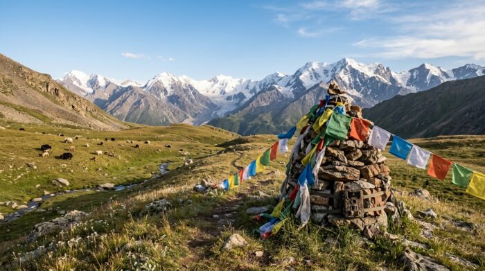 Paesaggio montano incontaminato dell'Asia centrale con pascoli d'alta quota e vette innevate