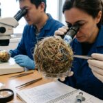 Dettaglio di laboratorio con analisi scientifica delle fibre di una sfera di Posidonia e microplastiche