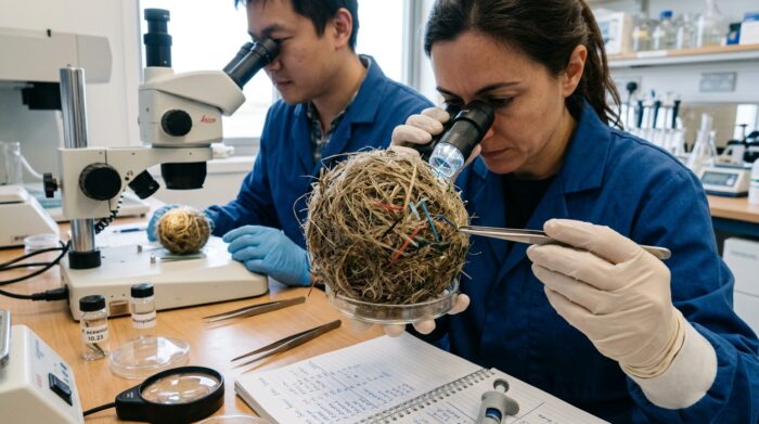 Dettaglio di laboratorio con analisi scientifica delle fibre di una sfera di Posidonia e microplastiche