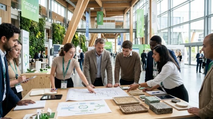 Professionisti e innovatori discutono di transizione energetica ed economia circolare durante un convegno fieristico.