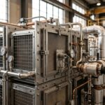 Dettaglio modulare dei filtri per la cattura diretta della CO2 atmosferica con tubature industriali di recupero termico.