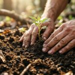 Mani che piantano un germoglio fertile a simboleggiare l&rsquo;economia circolare e rigenerativa