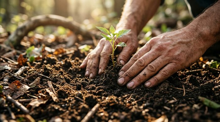 Mani che piantano un germoglio fertile a simboleggiare l'economia circolare e rigenerativa